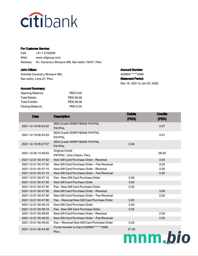 Peru Citibank wyciąg bankowy łatwy do wypełnienia szablon w formacie Word i PDF